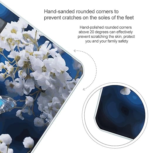 Blue Butterflies White Flowers Bathroom Scale for Body Weight Bathroom Weighing Scale with Backlit LCD Display Highly Accurate Measures Weight Up to 180kg