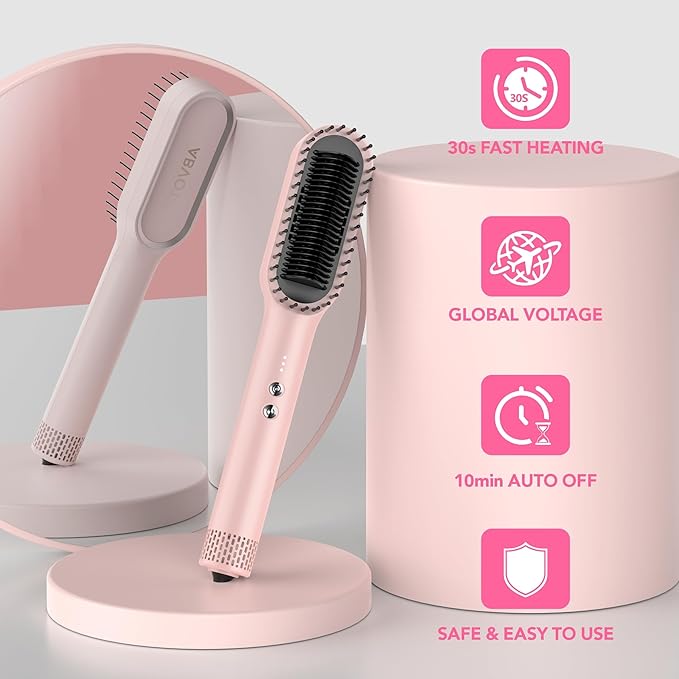 Hair Straightener Brush with Dual Air Vents ABVOT All-in-1 Styling Comb Heat/Cool air Modes Fast Heating &amp Global Voltage Pink