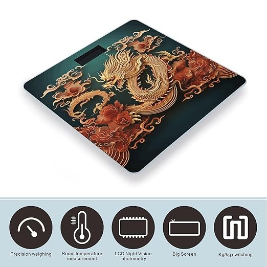 Dragon Chinese Background Scale for Body Weight Anti-Slip Tempered Glass Digital Bathroom Scales Clear LCD Display Weighing Scale Safe Rounded Corners Smart Scales