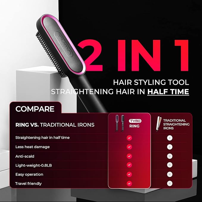 Hair Straightener Brush TYMO Ring Hair Straightener Comb Straightening Brush for Women with 5 Temps 20s Fast Heating &amp Dual Voltage Black