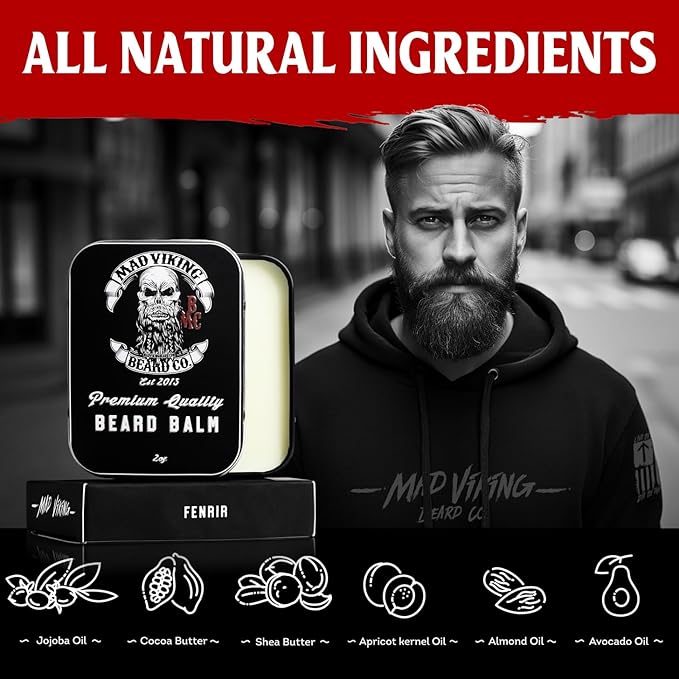 Mad Viking Fenrir Beard Balm – Non-Greasy Balm to Soften and Style with a Medium Hold - Made with Shea Butter Beeswax &amp Premium Oils - Bold Bourbon Neroli Rum &amp Tobacco Scent Made in the U
