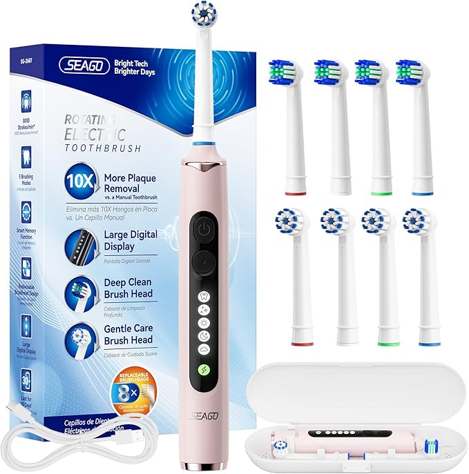 SEAGO Soft Round Electric Toothbrushes with 8 Spin Brush Heads 5 Cleaning Modes Rechargeable Sonic Toothbrush with Timer and Travel Case for Adults and Kids(SG-2607-Pink