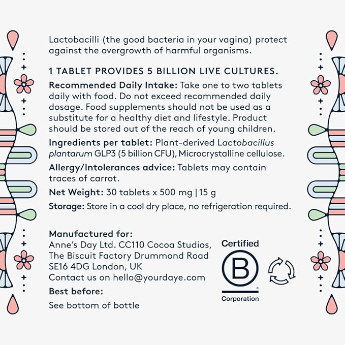 DAYE ProViotics: Lactobacillus plantarum GLP3 for Women's Vaginal &amp Gut Microbiome | Daily Oral Vegan Probiotic | Supports Healthy Flora &amp pH | 30 Tablets