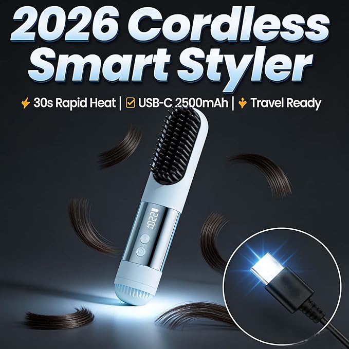 2026 Short Hair Styling ToolsCordless Styling Brush for Short HairUSB Rechargeable Portable Wireless Hair Straightening Brush3 Heat Settings &amp Led Screen for Travel (Black)