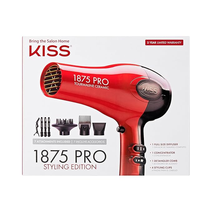 KISS 1875 Watt Pro Tourmaline Ceramic Hair Dryer Styling Edition 3 Heat Settings 2 Speed Settings Cool Shot Button 7 Blow Dryer Accessories Included 2-Year Warranty - Red