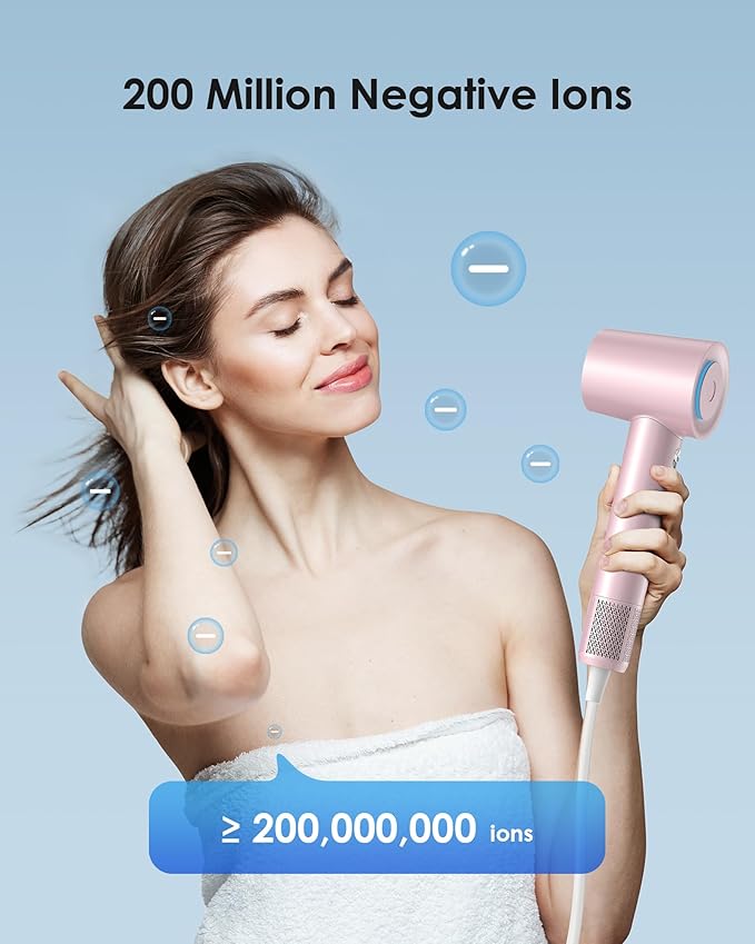 Hair Dryer zhiyangfei Negative Ion Blow Dryer 110 000 RPM Brushless Motor 3 Heat Settings 360° Rotating Magnetic Nozzle High-Speed Low Noise Hair Dryer for Home and Trave (Pink)