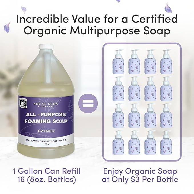 SoCal Suds &amp Company Organic Foaming Hand &amp Body Wash – Moisturizing Natural Baby Face &amp Sensitive Skin Wash Lavender 128oz + 8oz Sea Glass Foaming Glass Bottle w/Heart Silicone Sleeve