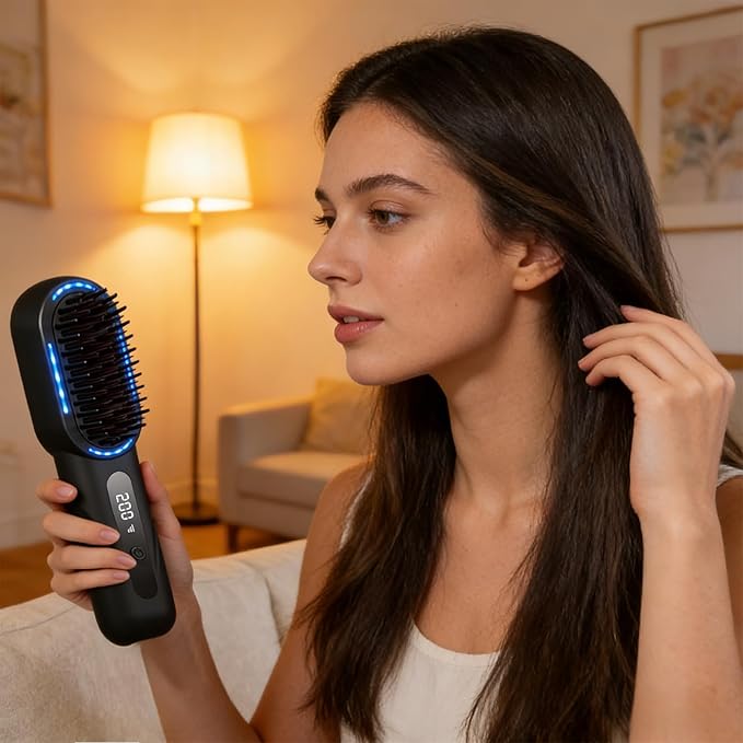 Hair Straightener Brush Portable Cordless Hair Styling Comb with LED Display for Home and Travel (02)