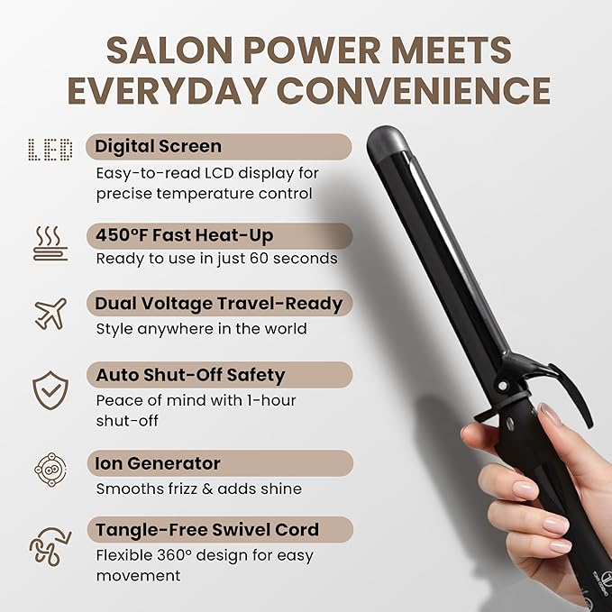 Infrared Curling Iron 1.5” Ceramic Tourmaline Long Barrel – Digital Professional Hair Curler with Ion Technology for Big Curls Beach Waves Thick Hair – Fast Heat Clamp Dual Voltage
