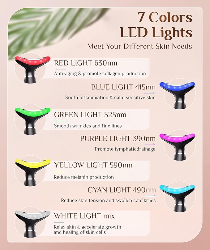 7 Color Galvanic Machines - Red Light Therapy for Face and Neck Face Massager Tool for Wrinkles Double Chin Vibrating Facial Massager with Thermals Black