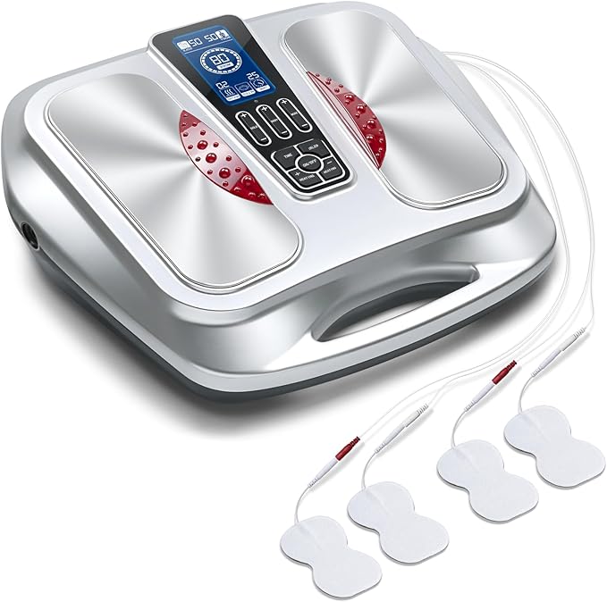 EMS Foot Massager with HeatTENS Electronic Muscle Circulation Stimulator with 4 Electrode Pads for NeuropathyRelieves Swelling Fatigue Plantar Fasciitis-Silent Operation (Silver) (Silver)