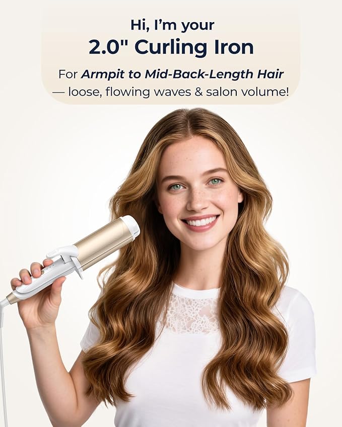 Dual-Voltage Curling Iron: 110V-240V 2 Inch Ceramic Wide Barrel 2-in-1 Curling Iron for Armpit to Mid Back Length Hair - Europe Travel for Loose Waves with Clamp