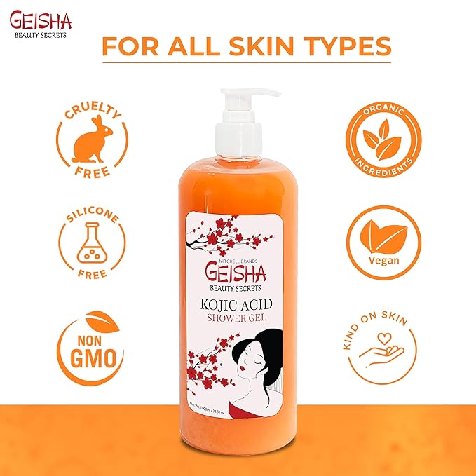 OMIC Geisha Kojic Acid Skin Brightening Body Wash - 33 Fl oz / 1000 ml - Even Out Tone Radiance Face and Body Shower Gel with Coconut Oil and Shea Butter