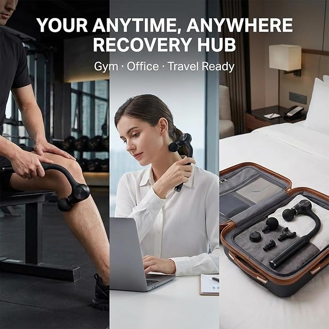 Deep Tissue Percussion Massage Gun with 12mm Penetration and 5-Speed Levels - 4 Heads and Extension Handle for Back Muscle &amp Neck/Shoulder Pain Relief - Lightweight Portable for Home Gym