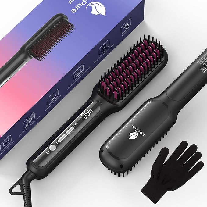 MiroPure Hair Straightener Brush with Plasma Technique Ceramic Straightening Brush with 16 Temp Settings 30s Fast Heating Hair Straightener Comb for Women with LED Display &amp Dual Voltage Black