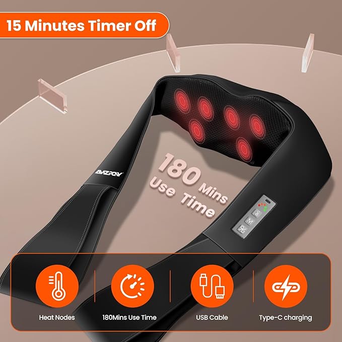 AMZPONY® Cordless Neck Massager for Pain Relief Deep Tissue Rechargeable Shiatsu Neck and Back Massager with Heat Kneading Shoulder Massage for Body Muscle Pain ReliefGifts for Mom Dad Friends