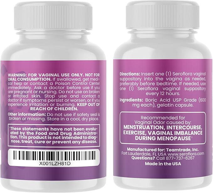 Seroflora Boric Acid 600mg Feminine Capsules Feminine pH Support Intimate Freshness for Women Fast-Dissolving Capsules (30 Count) with Applicators (28 Count)