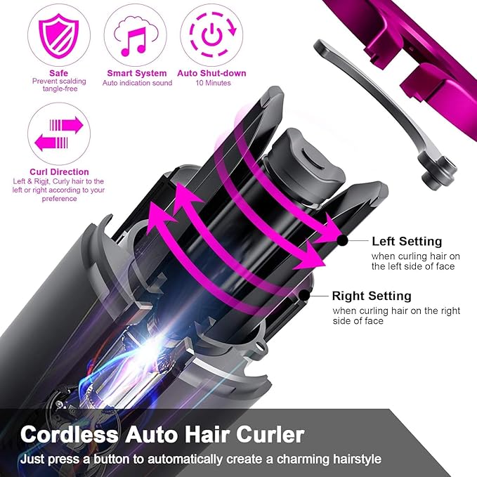 Wireless Auto Hair Curler with Adjustable Temperature and Timer Automatic Cordless Curling Iron with LCD Display Portable Rechargeable Rotating Fast Heating Hair Wand for Style