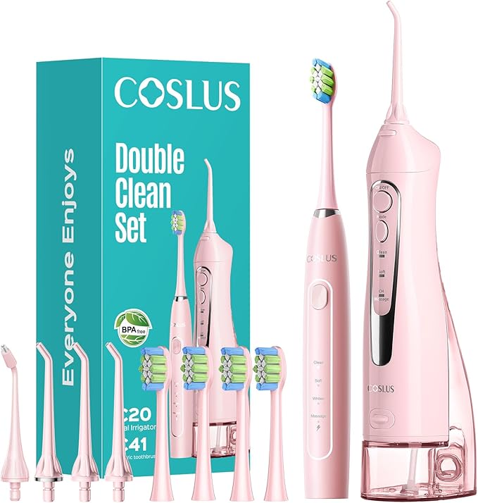 COSLUS C20 &amp C41 Portable Water Flosser with Electric Toothbrush Combo: 2-in-1 Oral Clean Kit for Teeth Braces Gums Care - Brushing &amp Flossing for Adults Family Travel Use BPA-Free Pink