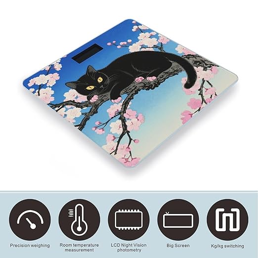 Black Cat Floral Scale for Body Weight Sturdy Tempered Glass Weighing Scales with LCD Display Accurate Digital Bathroom Scale Convenient Body Fat Smart Scales Easy Read