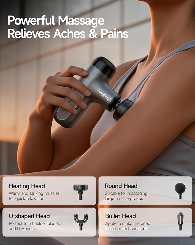 Mini Massage Gun with Heat Deep Tissue Massage Gun Portable Percussion Muscle Massager with 4 Massage Heads for Athletes