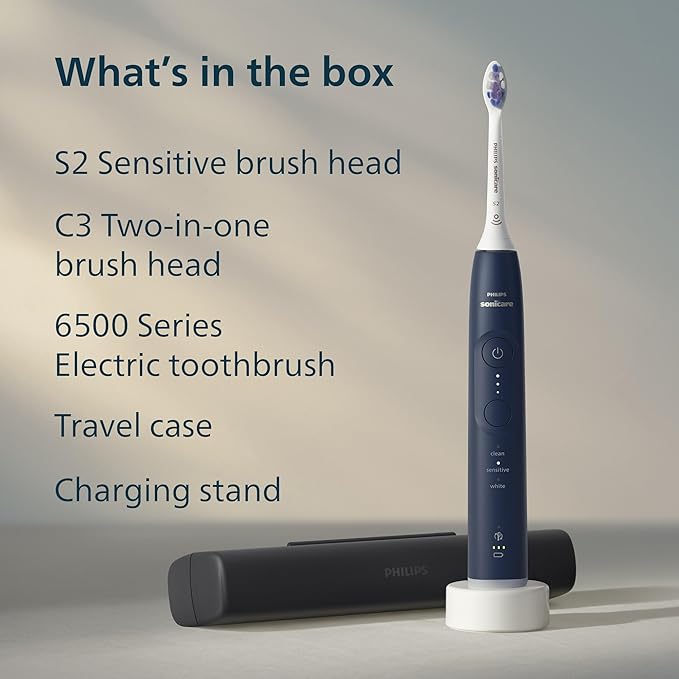 Philips Sonicare 6500 Series Electric Toothbrush - Next-Generation Sonicare Technology Pressure Sensor 9 Brushing Settings SmarTimer BrushPacer 21-Day Runtime Travel Case Navy Blue HX7413/07
