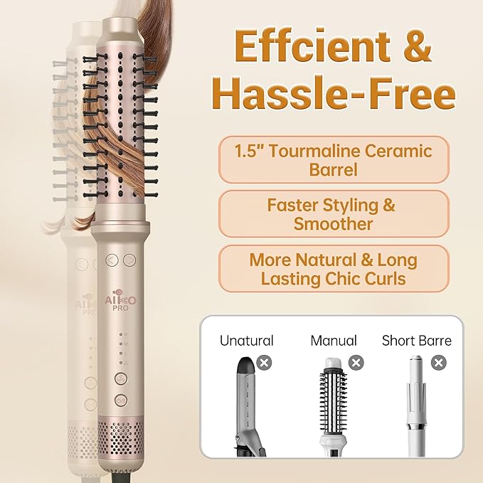 1.5 Inch Auto Rotating Curling Brush Spinning Heated Thermal Round Brush Volumizer 3 in 1 Ionic Hair Brush Styler for Long Medium Hair 3 Temp Settings 30S Fast Heat-Up Dual Voltage