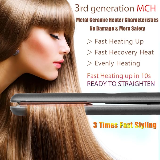 NITION Ceramic Tourmaline Hair Straighteners LCD Flat Iron MCH 10s Fast Heating Up. 1 Smooth 3D Floating Plate Healthy Straightening Tools. Travel Pouch Bag. Dual Voltage. Luxury Gift Box. Black