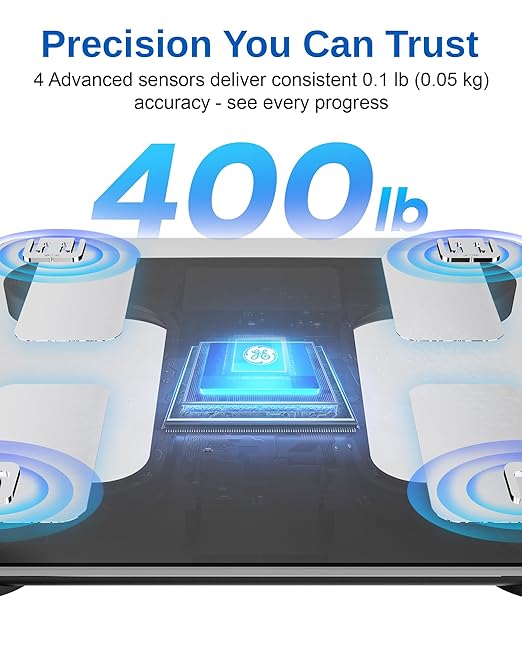 GE Smart Scale for Body Weight and Fat Digital Bathroom Scales BMI Body Fat - Bluetooth 13 Body Composition Monitor for Muscle Mass People with App Accurate 400lb Weighing 3 Battery