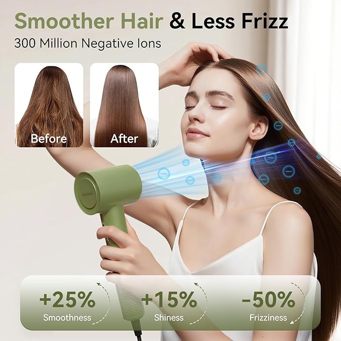 Dries Hair Quickly 500 Million Ion Hair Dryer Low Noise 160000 RPM Professional High Speed Fast Drying Lightweight Blow Dryer with Thermo-ControlGifts for Women for Home and Travel Green