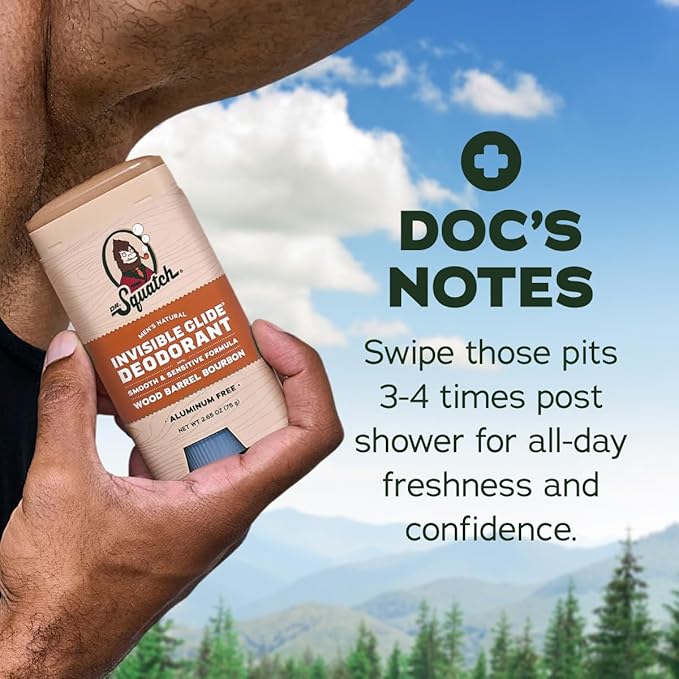 Dr. Squatch Invisible Glide Natural Men’s Deodorant – Smooth Glide No Stains – Aluminum Free Deodorant Men – Safe for Sensitive Skin – Wood Barrel Bourbon + Rainforest Rapids 2.65oz (2-Pack)