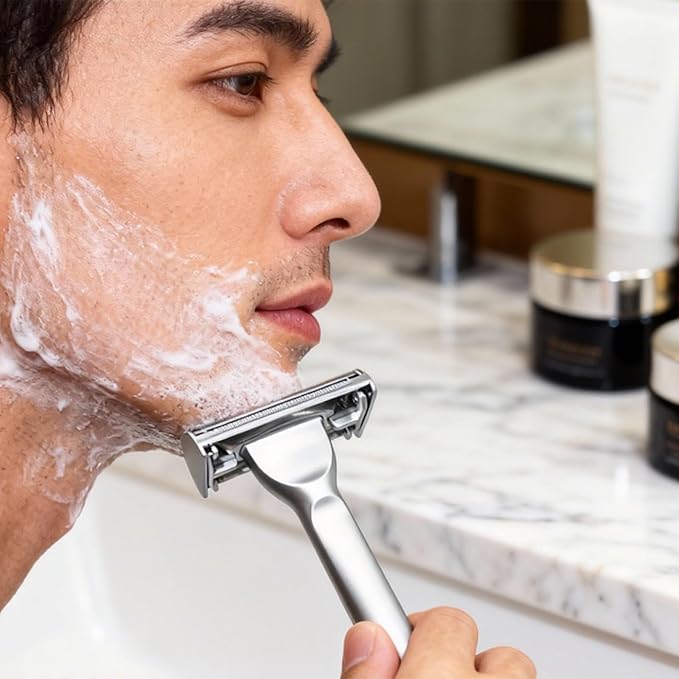 Butterfly Open Double Edge Safety Razor for Men + 10 Stainless Steel BladesBarber Grade Vintage Shaving Machine Smooth Reusable Eco-Friendly