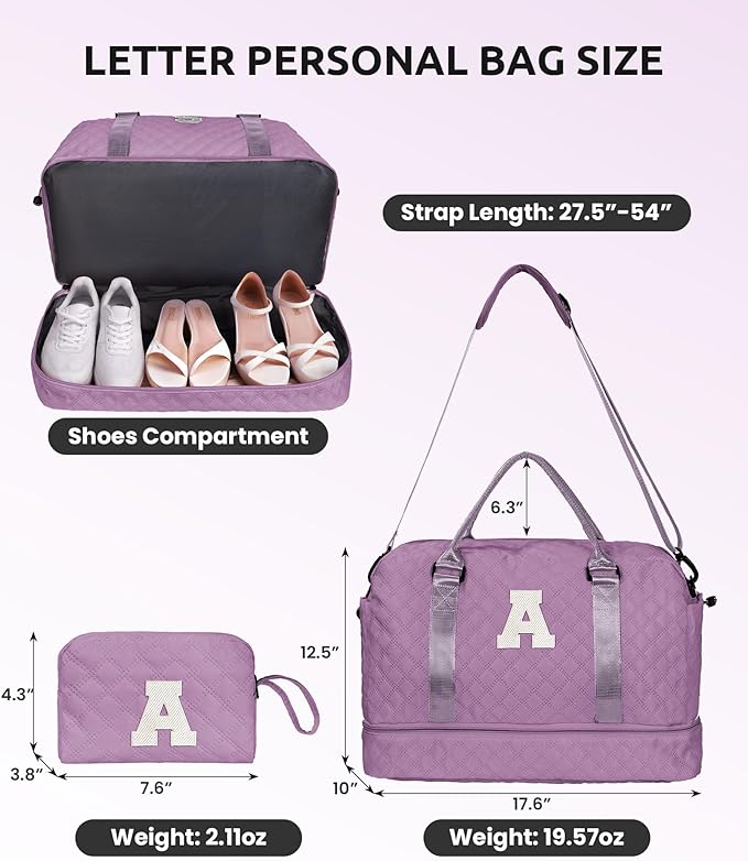 Girl Duffle Bag with Shoe Compartment Tween Weekend Duffle Bag Monogram Overnight Bag for Women with Trolley Sleeve &amp Wet Pocket Letter Kids Travel Bag with Makeup Bag (Letter K)