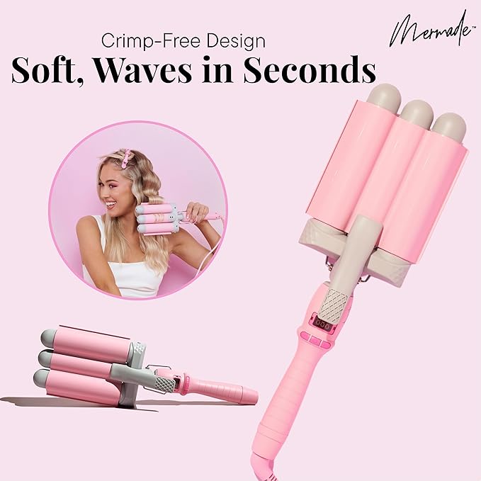 Mermade PRO Hair Waver 1.25 - 3 Barrel Curling Iron 1 1/4 Inch Ceramic Barrel Waver Tool for Thick Thin Long or Short Hair - 1.25 Pink with Glove
