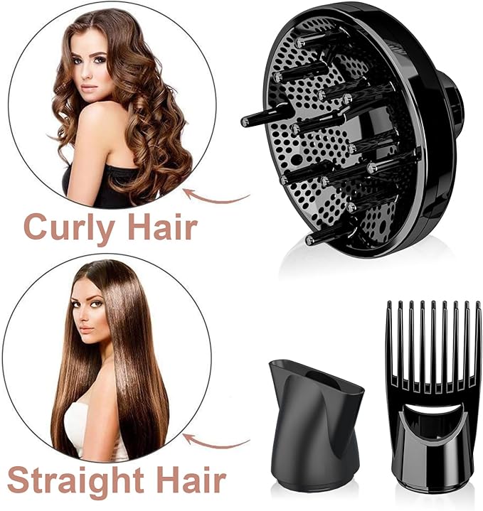 Blow Dryer - JINRI 1875W Diffuser Hair Dryer for Salon &amp Personal Use – Powerful Fast Drying with Diffuser and Comb &amp Nozzle for Women &amp Men ALCI Safety Plug Black
