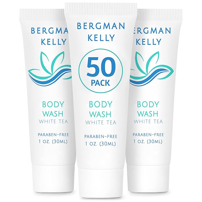 BERGMAN KELLY Travel Size Body Wash (1 fl oz 50 PK White Tea) Delight Your Guests with a Revitalizing and Refreshing Hotel Body Wash Quality Mini and Small Size Guest Hotel Toiletries in Bulk