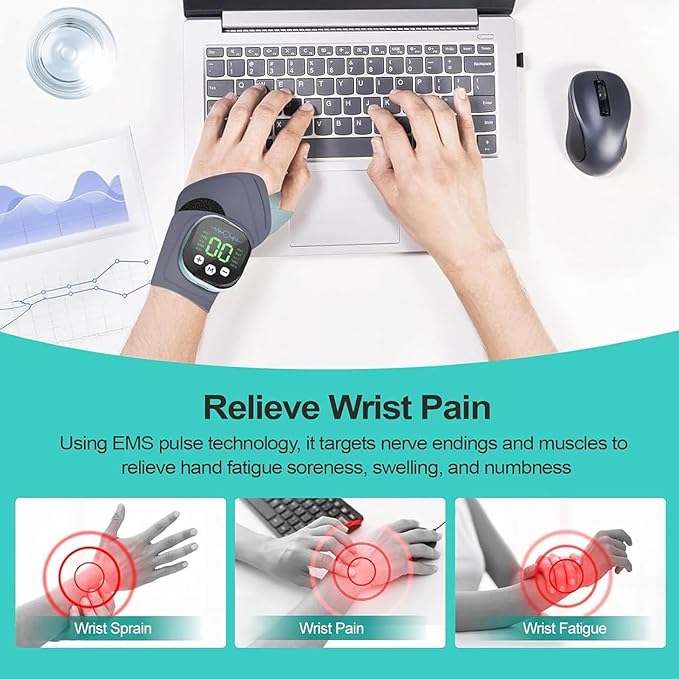 Rechargeable Adjustable Electric Wrist Massager Cordless Wrist Heating Pad Massager Muscle Stimulator with 8 Modes 30 Intensity Wrists Tendon Heating Pad for Hand Relaxing (A3)