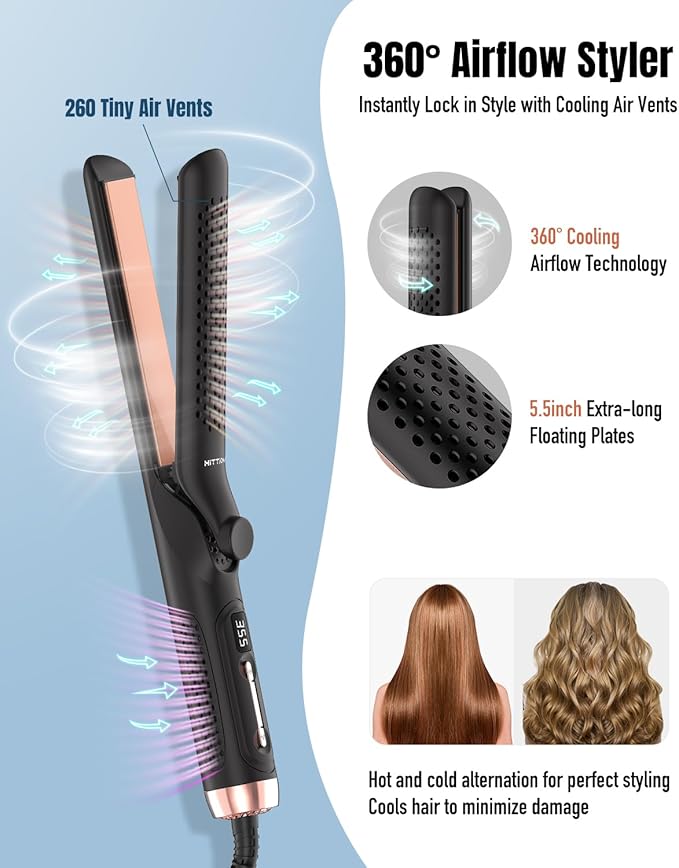 RACCOMB Salon 2 in 1 Curling Iron 1.25 Inch Hair Straightener and Curler 360° Airflow Styler Ionic Ceramic Hair Wand Dual Voltage Black