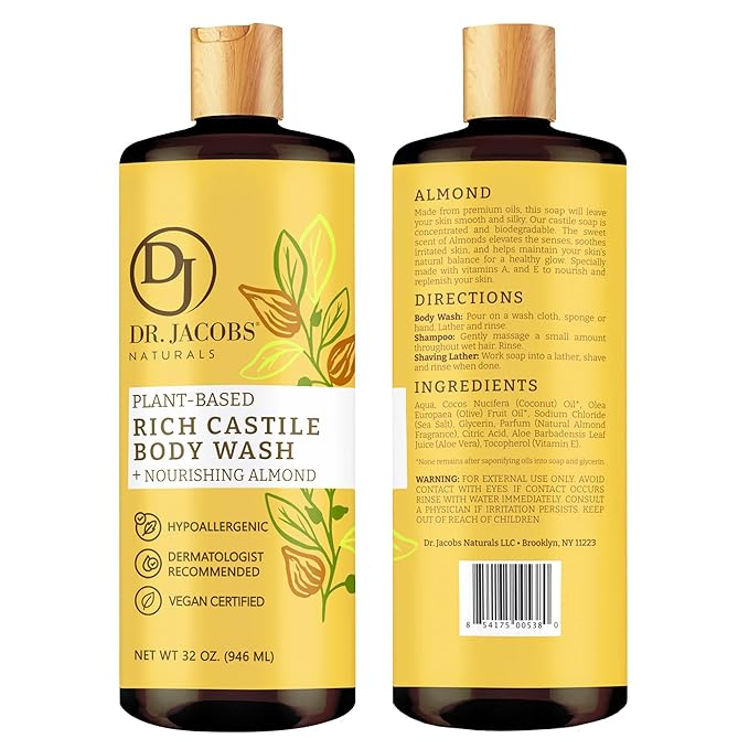 Dr. Jacobs Naturals Castile Almond All-Natural Body Wash for Moisturizing Dry and Sensitive Skin with Plant-Based Ingredients with Pump - 32 Ounce