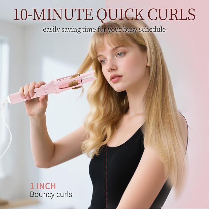Automatic Rotating Curling Iron with 4 Temperature - Beach Waves Curling Wand Portable Hair Curler Dual Voltage &amp Lightweight for Travel Automatic Shut-Off Anti-Scald-Pink