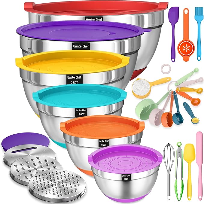 Umite Chef Mixing Bowls with Lids Set 26Pcs Colorful Stainless Steel Bowls Set Nesting Bowls with Grater Attachments Large Kitchen Bowls Set with Non-Slip Bottoms for Mixing &amp Serving