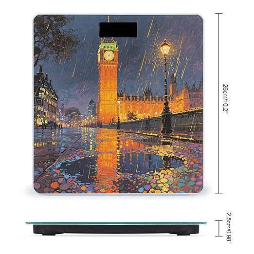 London Big Ben Rainy Evening Scale for Body Weight Sturdy Tempered Glass Weighing Scales with LCD Display Accurate Digital Bathroom Scale Convenient Body Fat Smart Scales Easy Read