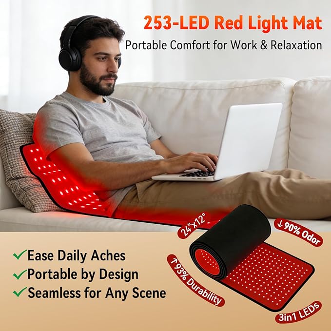 Full Body Red Light Therapy Mat with 253 LEDs 3-in-1 660nm &amp 850nm TPU Infrared Light Blanket 24 x 12 Foldable Therapy Pad with Timer Controller Pulse Modes for Home Use 48W