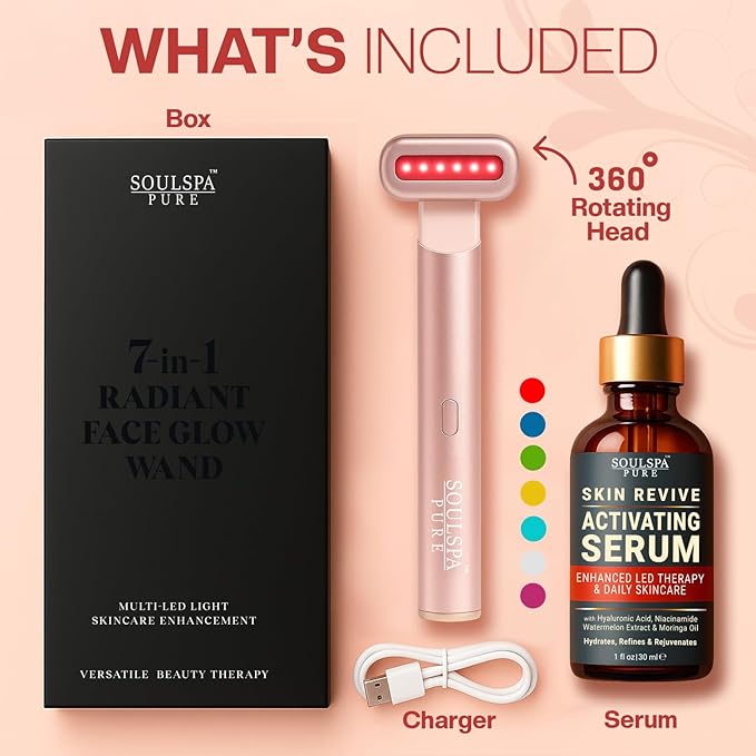 Face Massager 7 in 1 LED Red Light Wand for Face Neck &amp Eye – Rose Gold with Activating Serum | Portable Skincare Device Rechargeable Beauty Tool