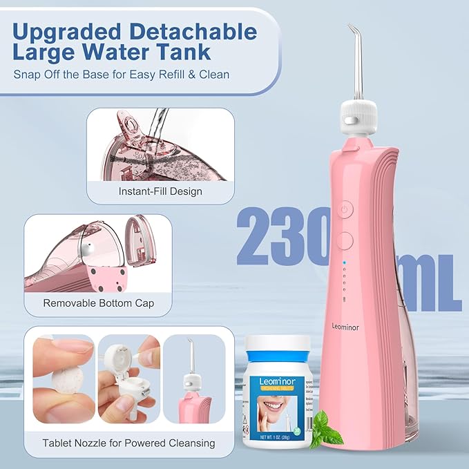 Leominor 3-in-1 Water Flosser &amp Electric Toothbrush Combo – Cordless Oral Irrigator with 235ml Large Tank5 Modes IPX7 WaterproofFreshening Stripsfor TeethGumsBracesHome &amp TravelPink
