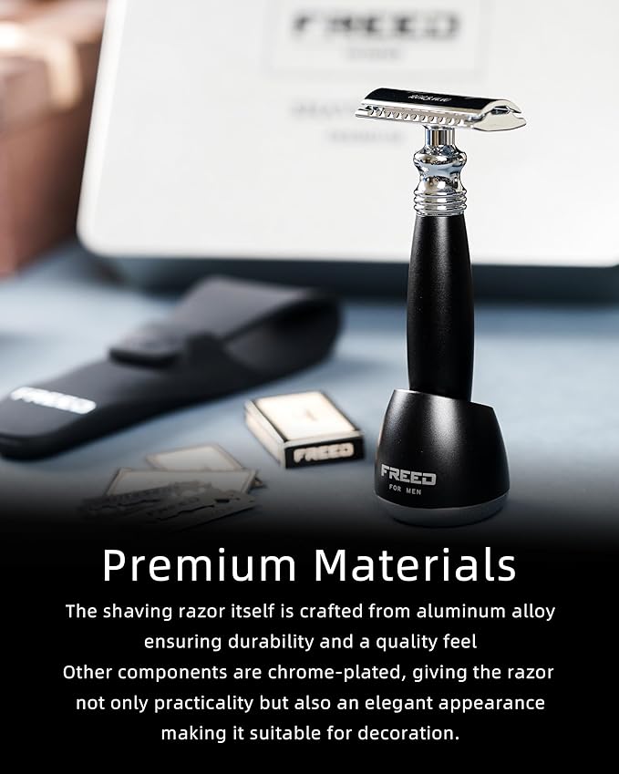 FREED Customized gifts Engraving Shaving Kit - Safety Razor with metal handle include razor base razor travel case and 10 bladesit's the best gift for men (Black)