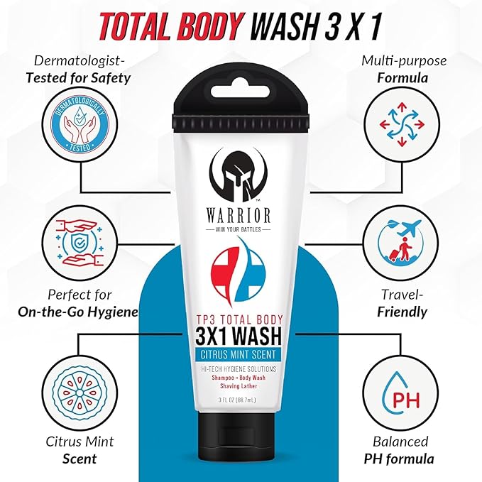 WARRIOR - WIN YOUR BATTLES- 3 in 1 Body Wash for Men &amp Women Travel Size Body Wash - 3 Oz | Nano Shield Antiperspirant Deodorant | Waterless Hypoallergenic Cleaning Wipes - 2.5 Oz