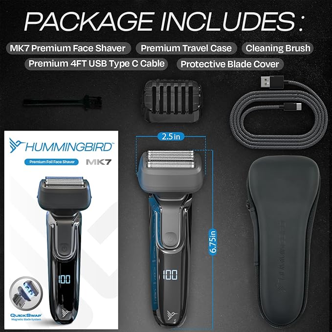 HUMMINGBIRD MK7 Premium Foil Face Shaver Four Blade Foil Shaver with Long Hair Leveler Electric Razor for Men Waterproof Wet &amp Dry Shave Cordless USB-C Rechargeable LED Display Travel Case