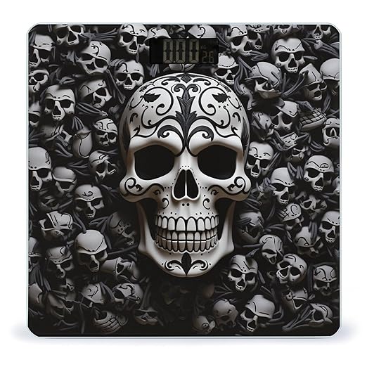 Black and White Skulls Scale for Body Weight High Precision Digital Weight Scales with LCD Display Anti-Slip Sturdy Slim Tempered Glass Bathroom Scale for Home Use