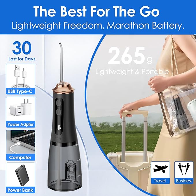 300ml Large Capacity Home Oral Irrigator 9 Modes Water Flosser with Adjustable Pressure for Gum Care/Breath Remover/Dentures (Black&ampGold)